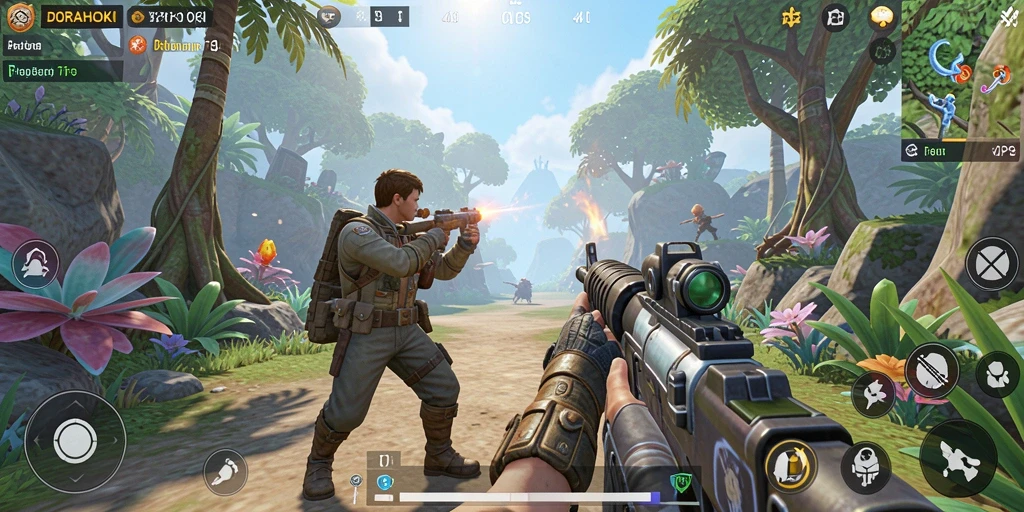 Tampilan gameplay seru dalam DORAHOKI dengan aksi TPS mendebarkan.