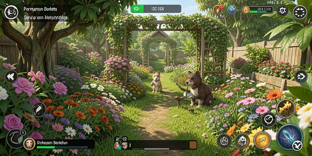 Screenshot utama H03 menampilkan kebun indah dan aktivitas berkebun.