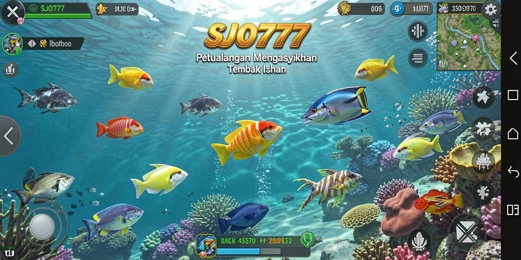 Screenshot gameplay seru SJO777 menunjukkan aksi menembak ikan.