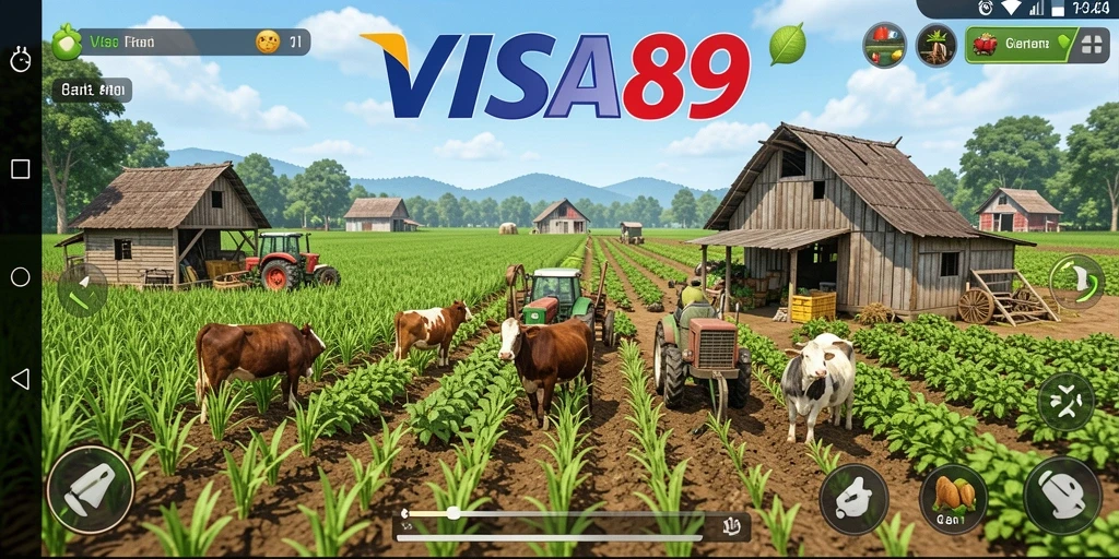 Screenshot gameplay VISA89 menunjukkan ladang yang subur dan hewan ternak yang bahagia.